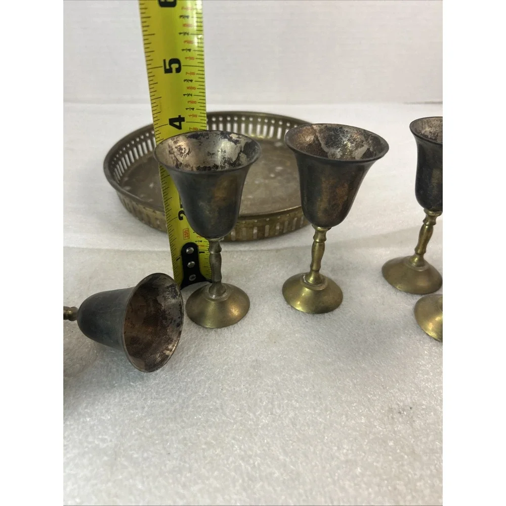 Set of 5 Vintage Brass Cordial Glasses Goblets Made In India With Tray Read